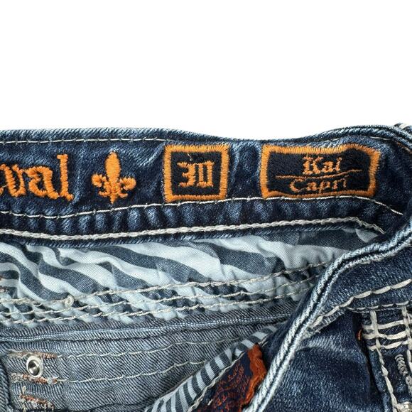 Rock Revival Kai Sequin Embellished Stitching Dark Wash Denim Crop Capri Jeans - Picture 8 of 10